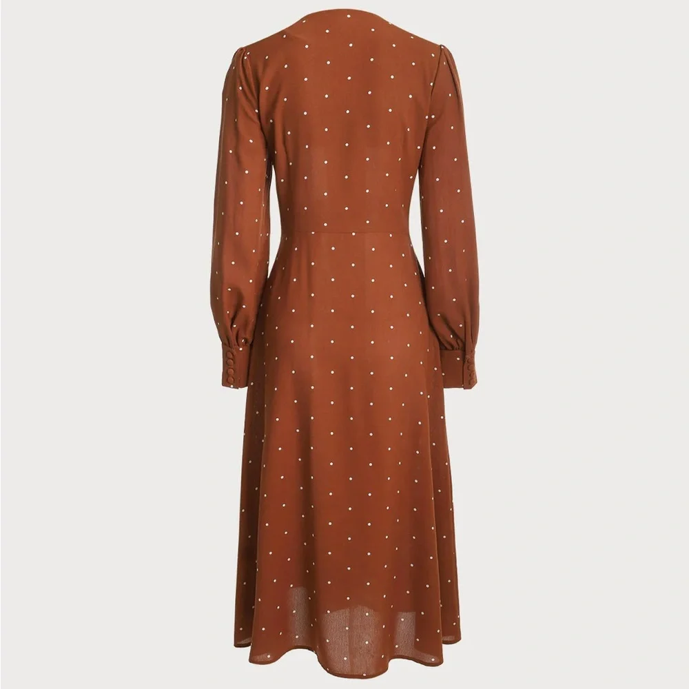 Rihoas Brown Polka Dot Pleated Midi Dress - Picture 5 of 7